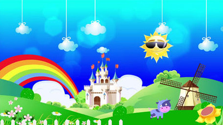 卡通草原风车城堡背景