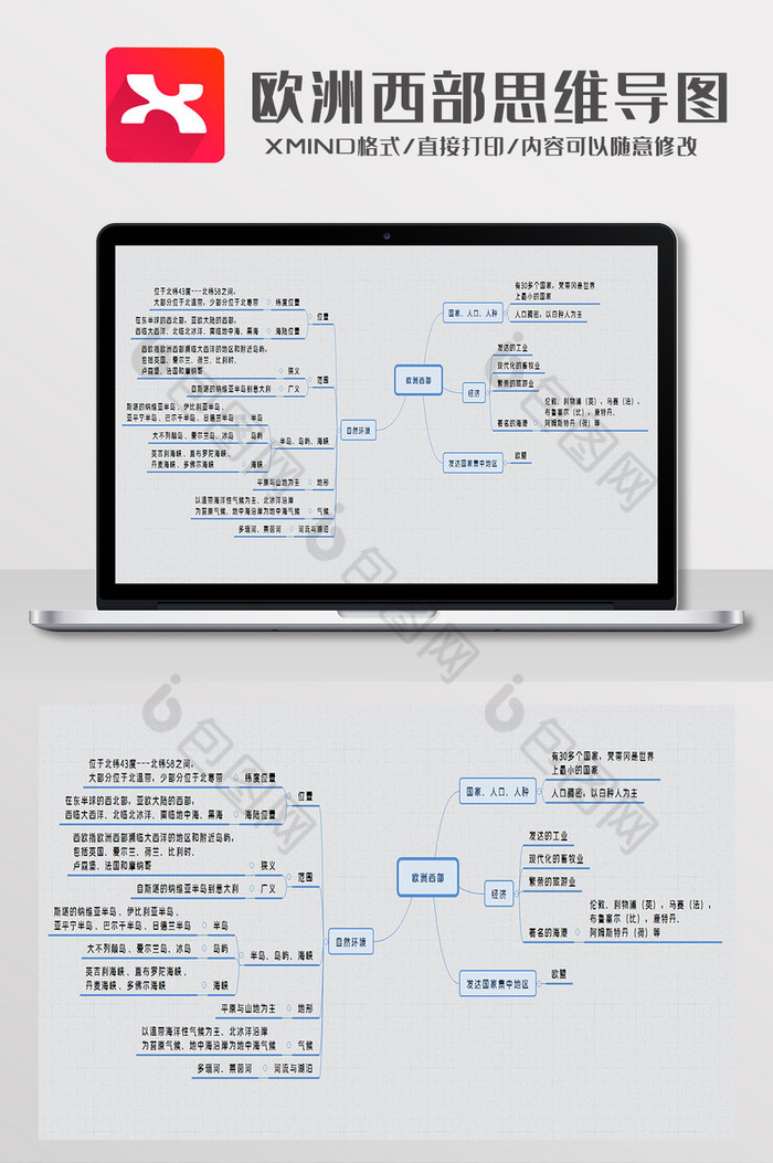 简约风欧洲西部思维导图xmind模板
