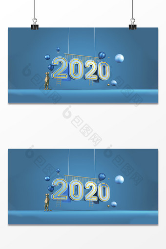 简约蓝色立体2020新年宣传促销背景图片