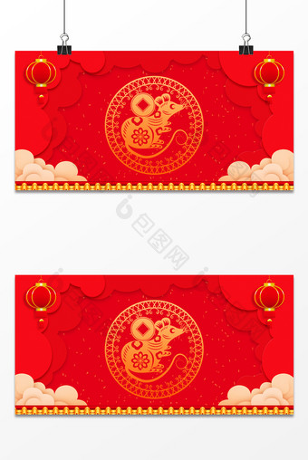 中国红鼠年新春剪纸风灯笼祥云广告背景图图片