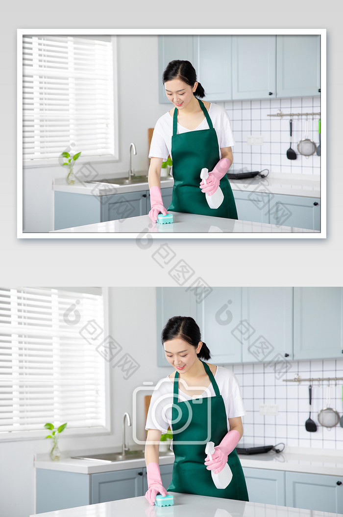 年轻女性家政服务家庭主妇在厨房擦桌子图片图片
