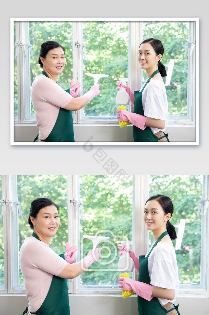 家政服务保洁人员对着玻璃做卫生