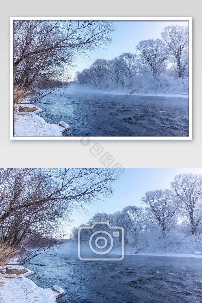 北方黑龙江黑河冬季树木河流雪景摄影图片