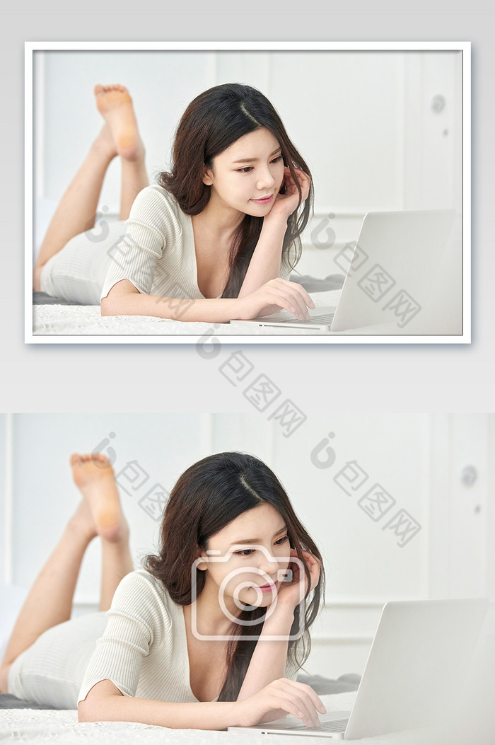 白色调简约居家生活趴在床上玩电脑的女生图片图片