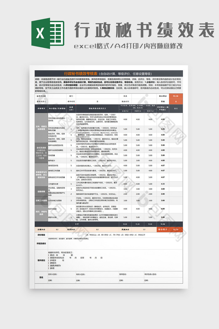 简约行政秘书绩效考核表Excel模板图片图片