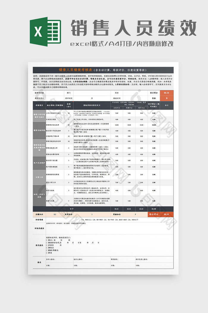 销售人员绩效考核表Excel模板图片图片