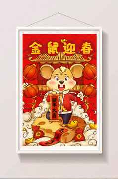 红色中国风鼠年新春插画春节新年