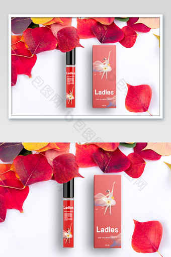 浪漫红色树叶清新女性化妆品包装盒包装样机图片