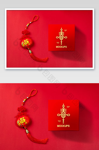 春节福包大红色背景礼盒包装盒包装样机图片