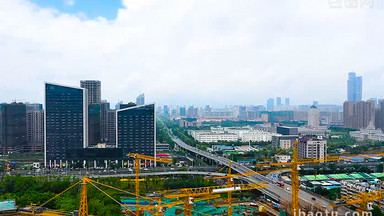 航拍南京大型建设工地脚手架高楼城市