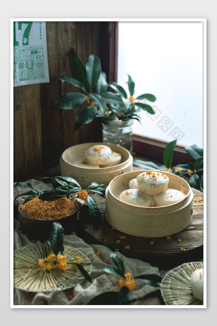 中式暗调桂花糕美食摄影图片图片