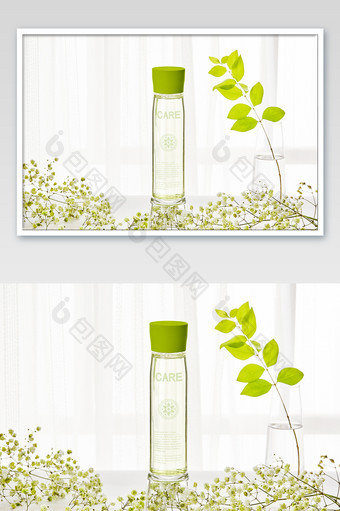 窗台植物场景化妆品透明玻璃瓶瓶子包装样机图片