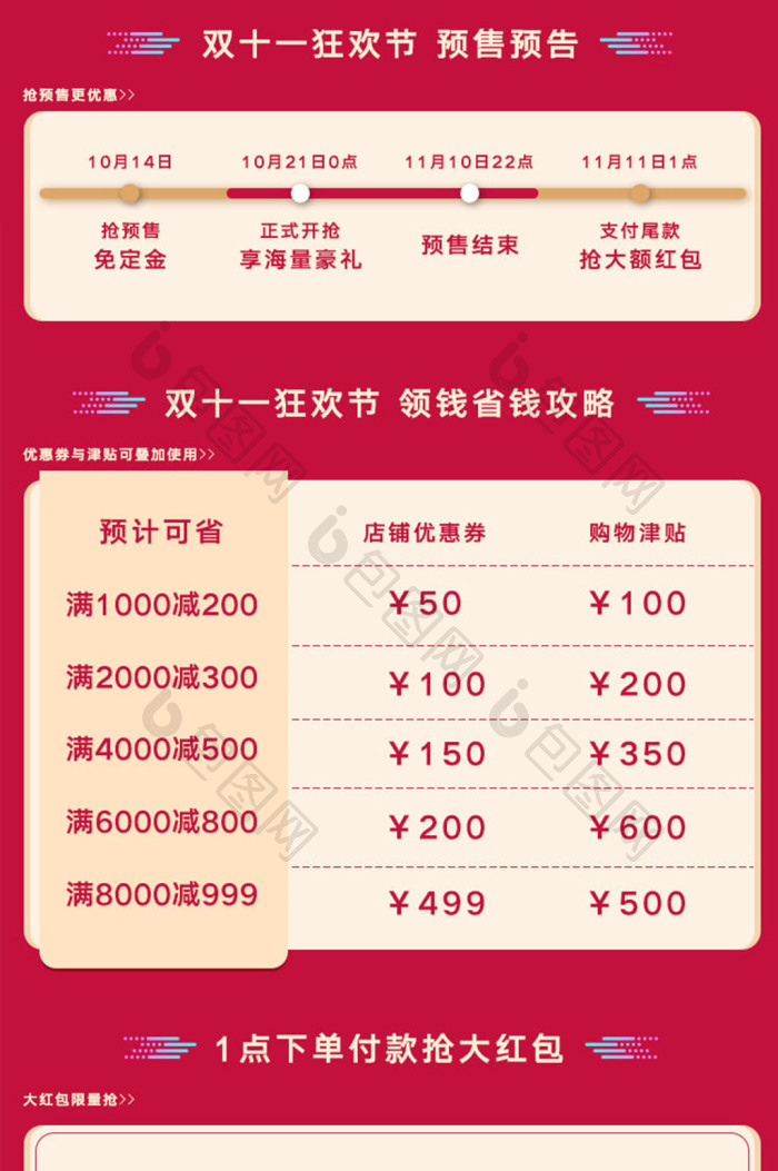 红色玩转双十一省钱攻略h5长图活动界面