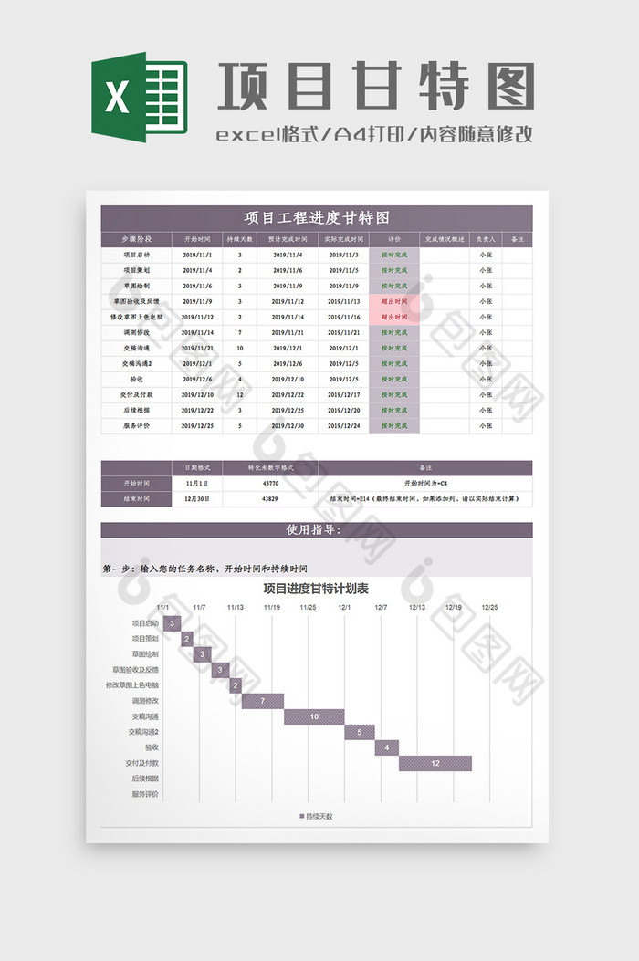 项目进度甘特图计划表Excel模板图片图片