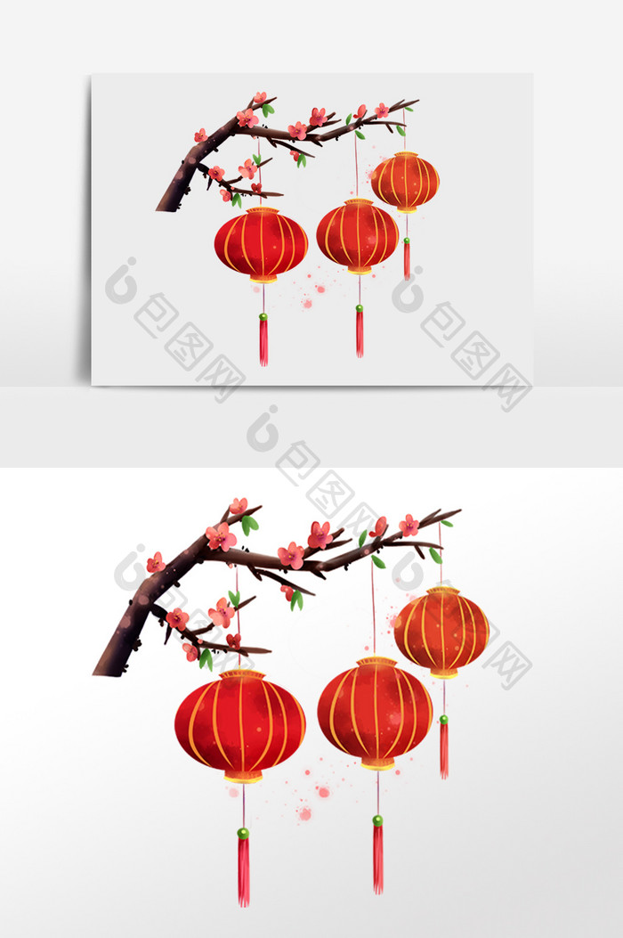 春节水彩红灯笼树枝