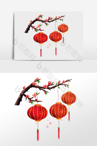 春节水彩红灯笼树枝图片