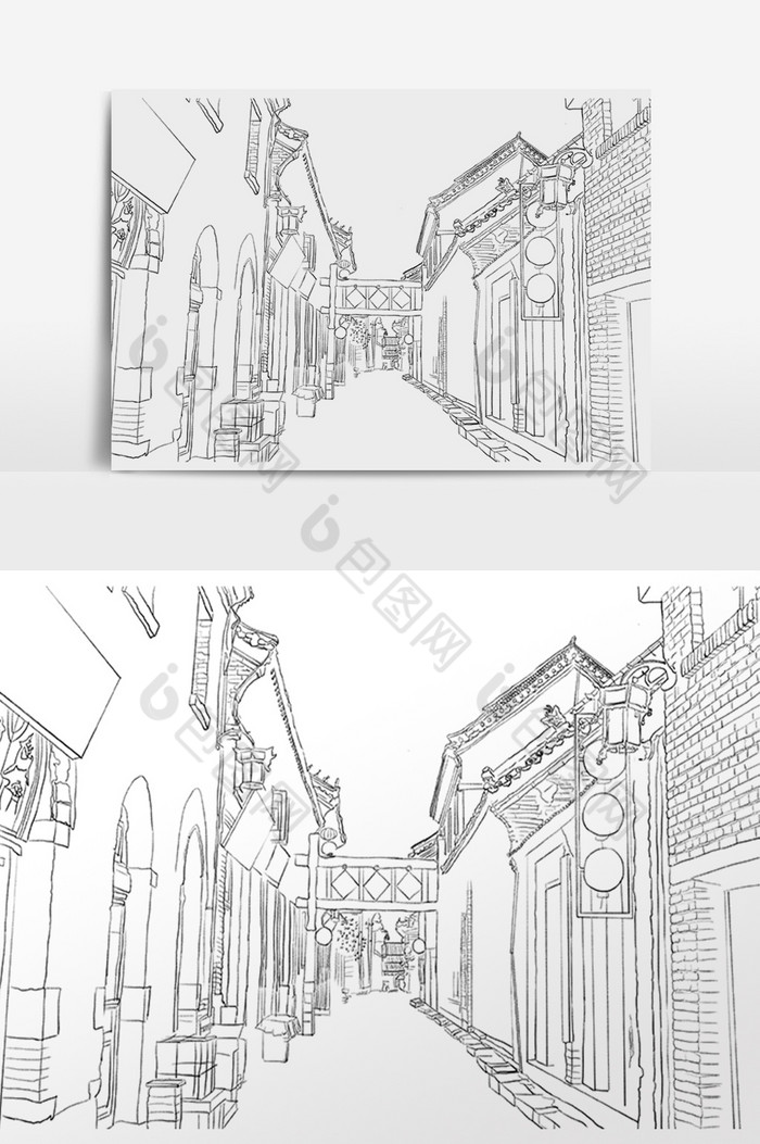 线描古街古镇建筑图片