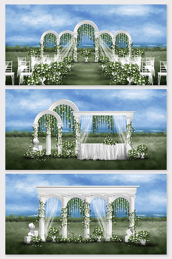 北欧白绿户外手绘婚礼效果图图片