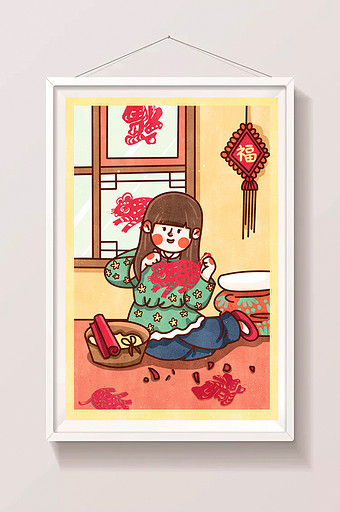 红色喜庆传统节日小年鼠年女孩剪纸插画海报图片