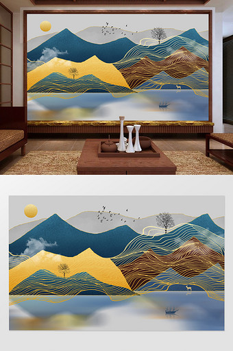 新中式抽象几何山水金色线条电视背景墙图片