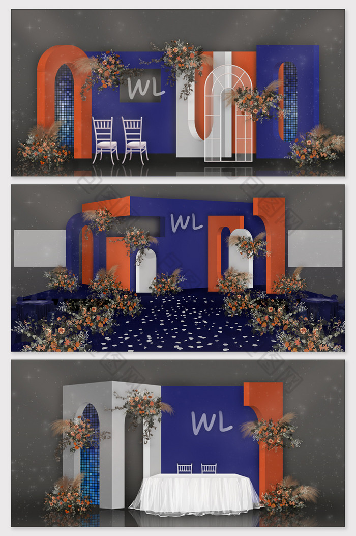 蓝橙撞色简约几何不规则纪念谷碑婚礼效果图图片图片