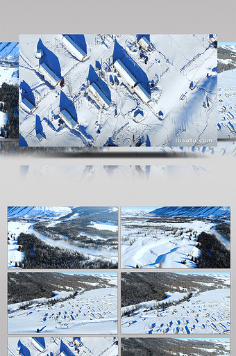 航拍新疆喀纳斯禾木村木屋雪山雪植被实拍图片