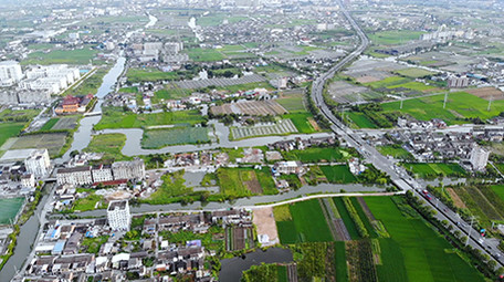 航拍浙江城镇景观车流建筑物房屋体育馆素材
