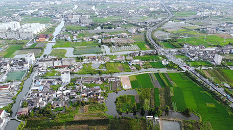 航拍浙江城镇景观车流建筑物房屋体育馆素材