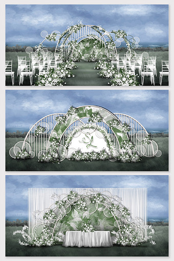 清新白绿户外手绘婚礼效果图图片