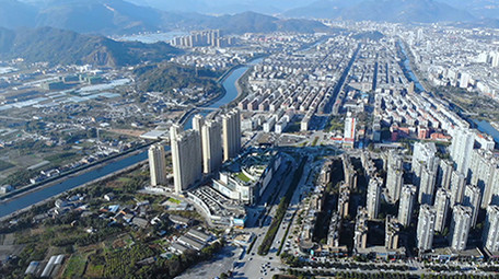 航拍浙江温州体育馆车流高楼大厦城市景观