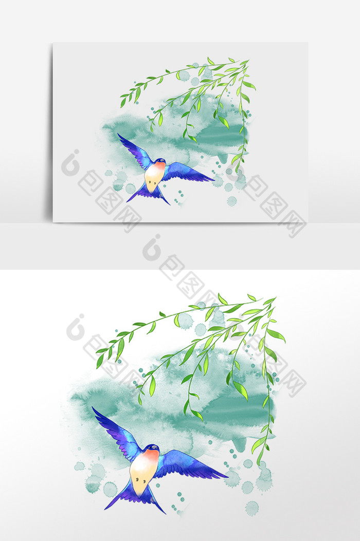春天柳树水彩燕子图片