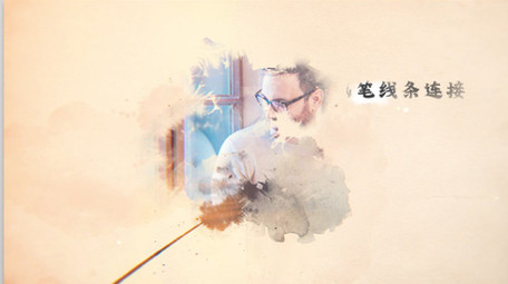 画笔线条连接的水墨晕染图文展示AE模板