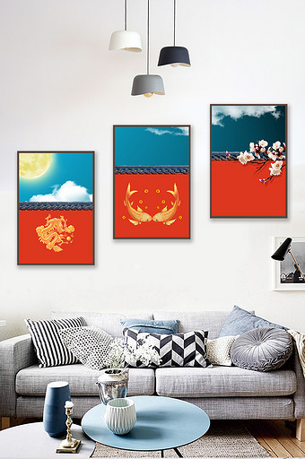 红色天空复古新中式国潮装饰画图片