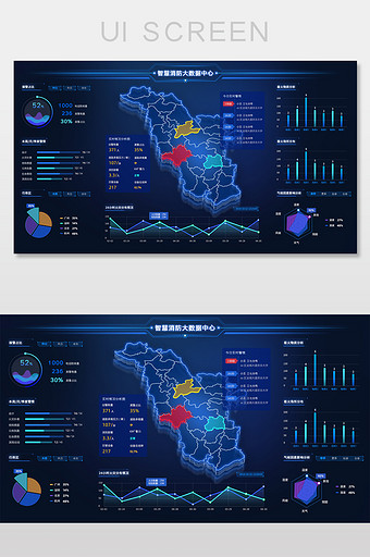 蓝色科技感消防可视化大数据大屏网页界面图片