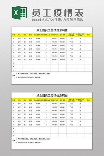 湖北籍员工疫情信息调查Excel模板图片