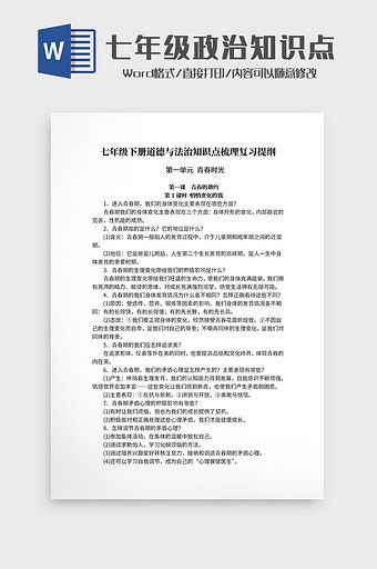 简约七年级政治复习知识点Word模板图片