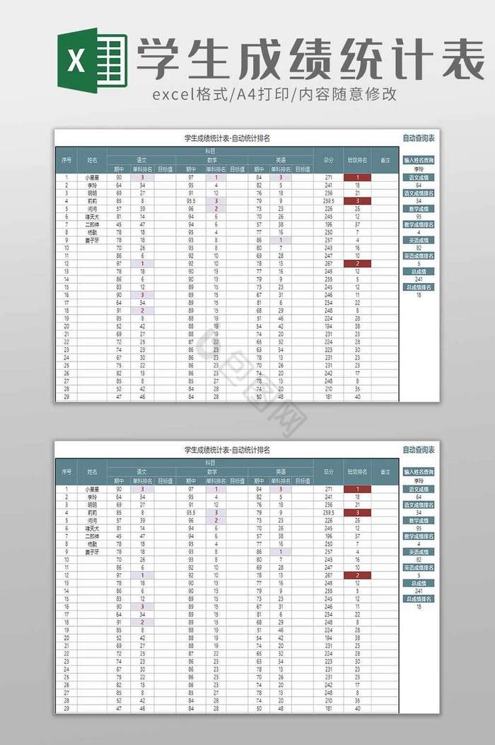 学校教育培训机构成绩统计表excel模板