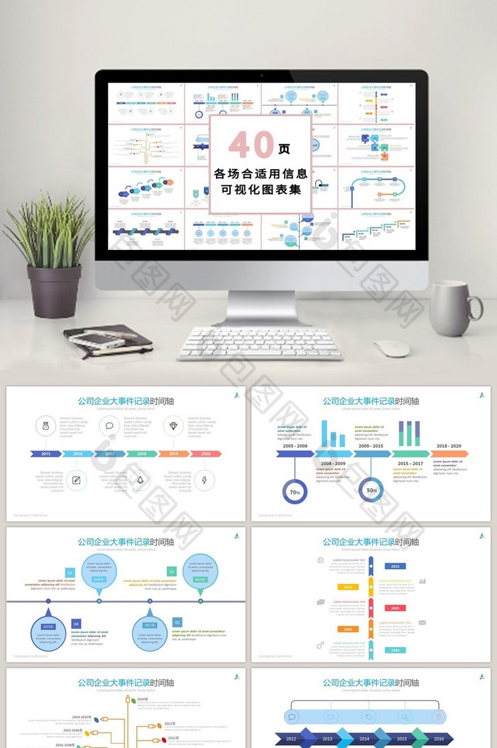 商务多彩时间线40页PPT模板图片图片