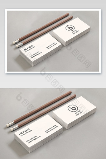 名片两支铅笔设计贴图两叠办公用品样机图片
