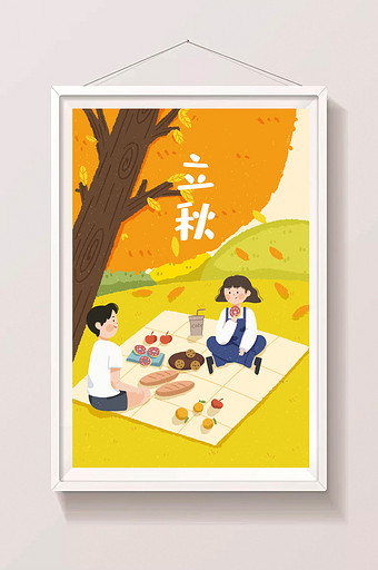 黄色清新唯美秋天情侣野餐插画图片