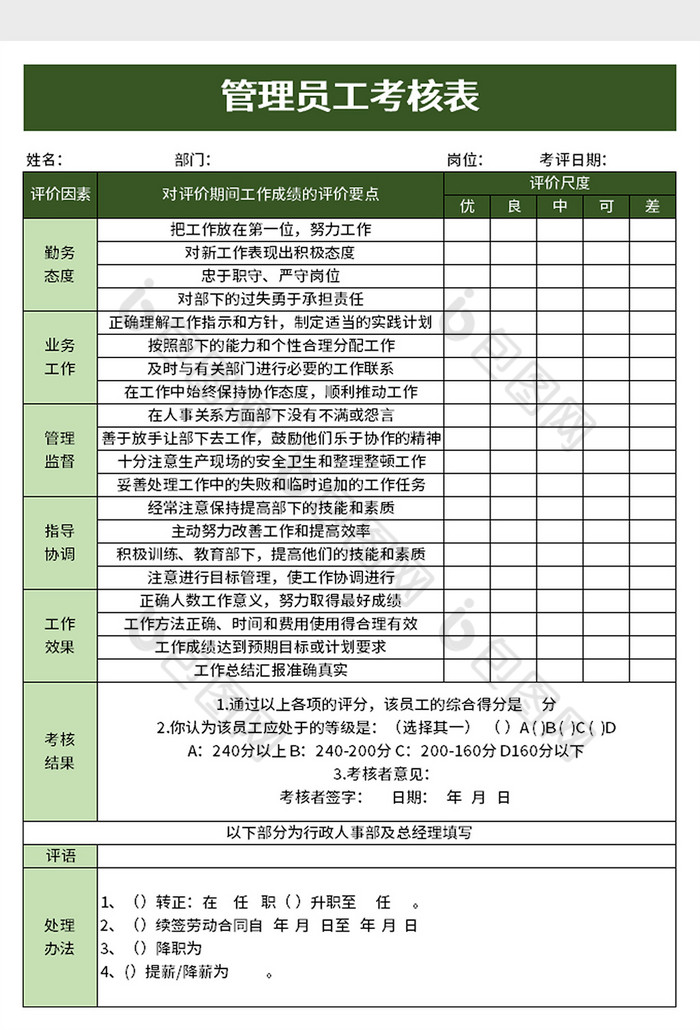 管理员工考核表excel模板