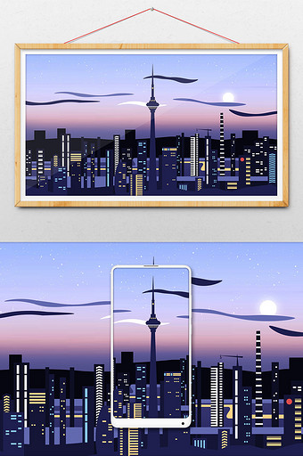 天津天塔夜景城市建筑插画图片