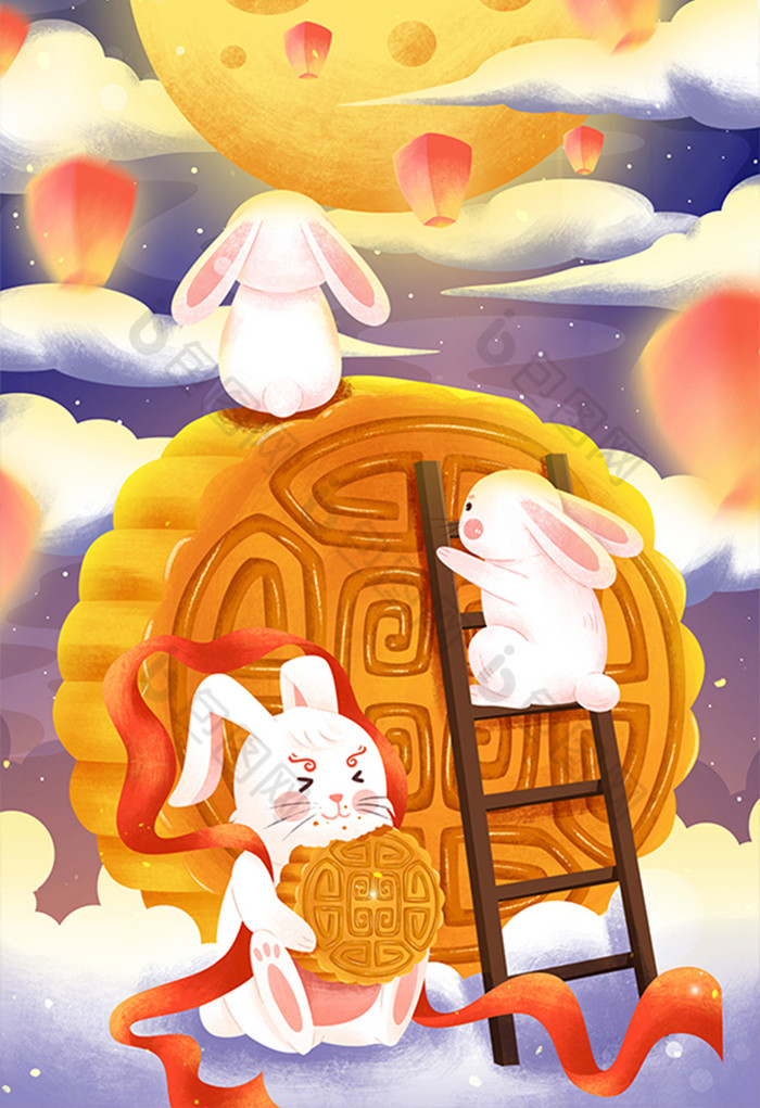 中秋节兔子吃月饼看月亮插画
