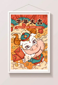 牛年大吉抢红包插画海报