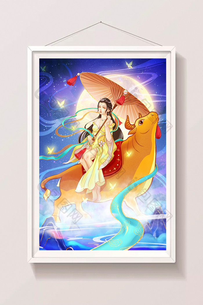 牛年丑牛月圆之夜仙女乘牛中国风插画图片