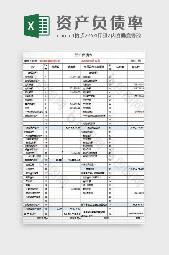 个人资产负债率excel模板