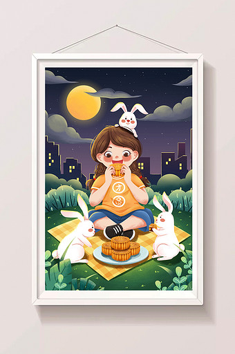 中秋节月下吃月饼女孩与兔子插画图片