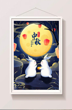 中秋节放孔明灯兔子插画