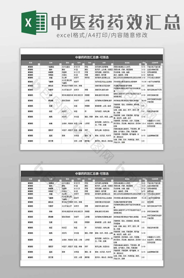 中医医药草药药效汇总展示excel模板图片图片