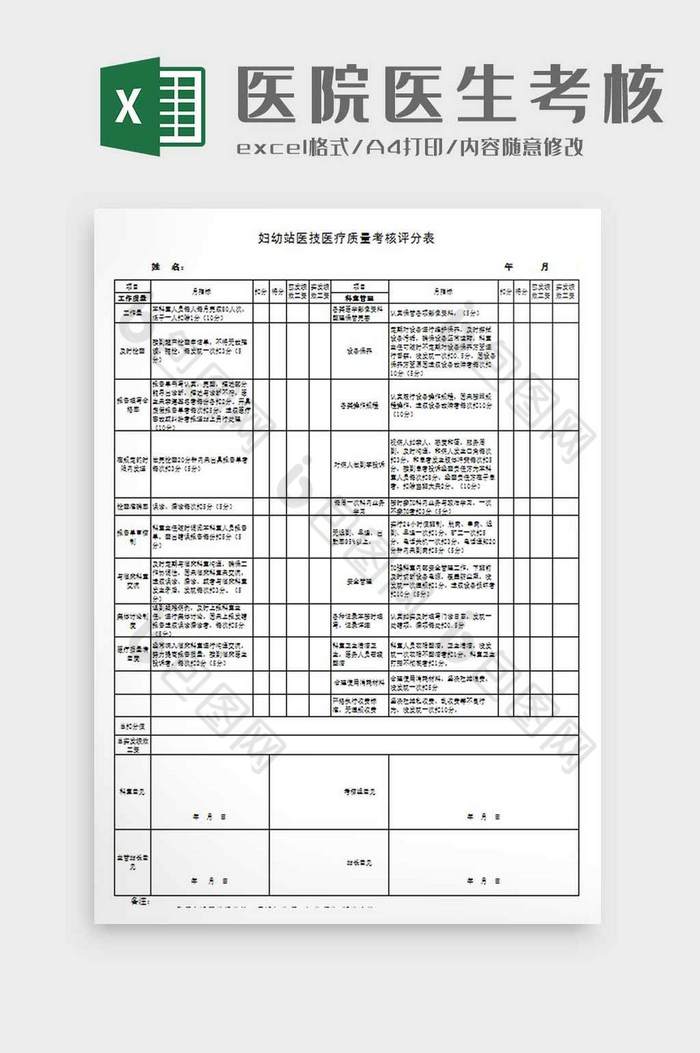 医院技能医疗质量考核评分表excel模板图片图片